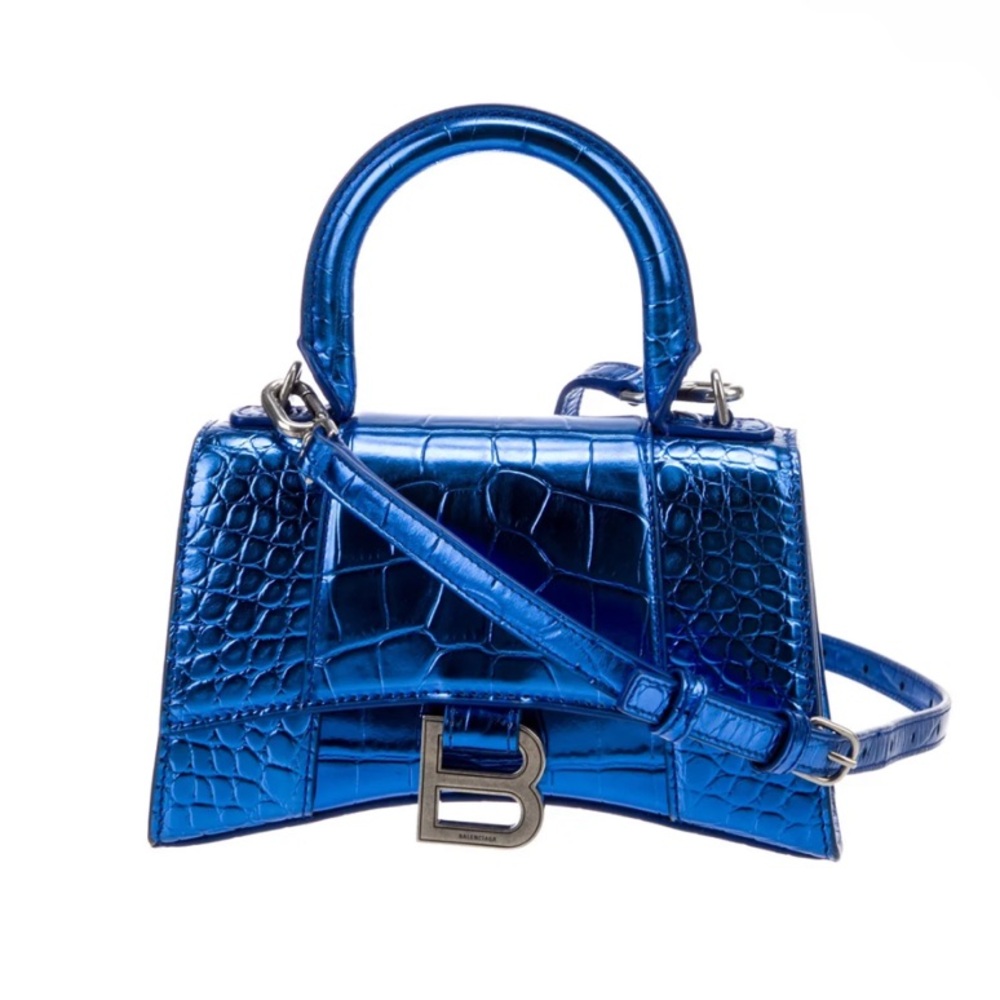 Balenciaga Blue Hourglass XS Croc-Embossed Handbag - Picture 10 of 10